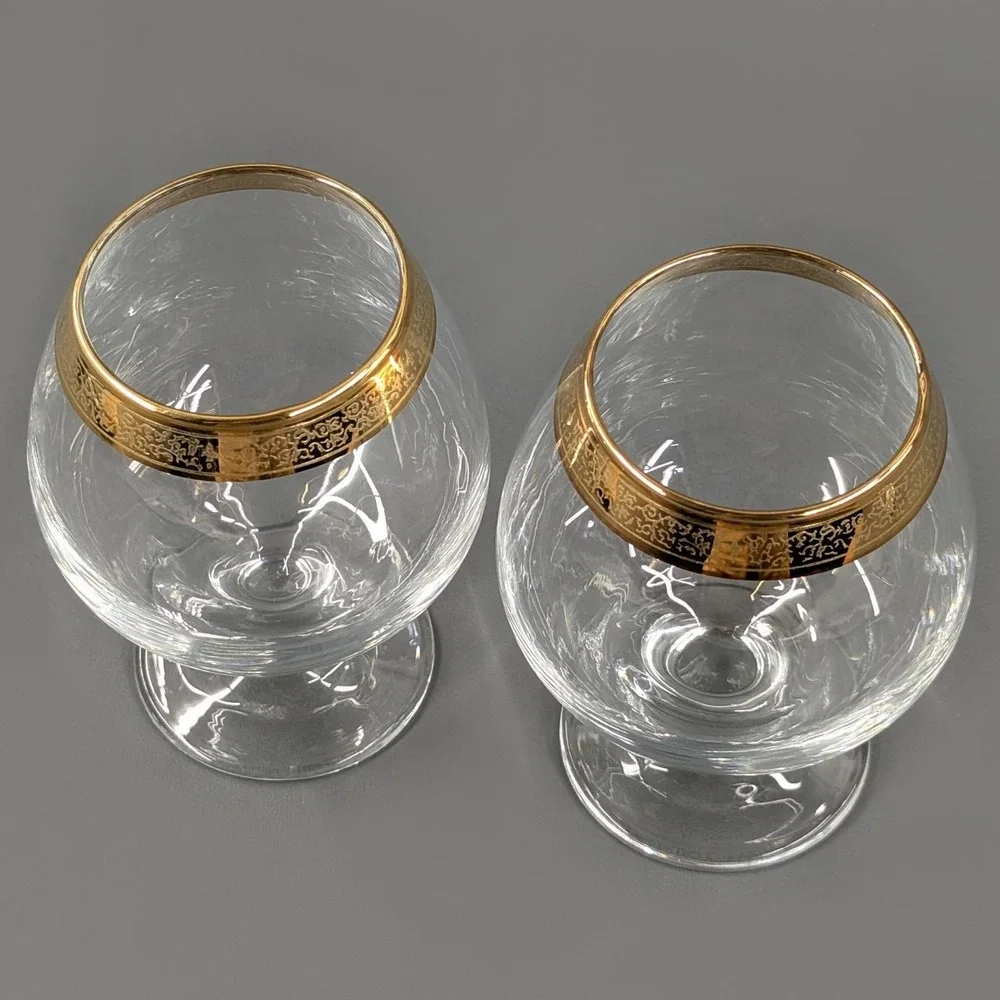 Vintage Gold Filigree Rim Brandy Snifter Glass Set of 2 Clear Glass 5 Inch